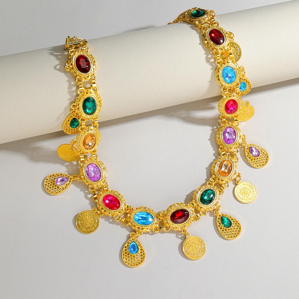 Arabic Jewelry Gold Alloy Acrylic Gem Waist Belt With Hollow Pattern For Ladies Summer Wear