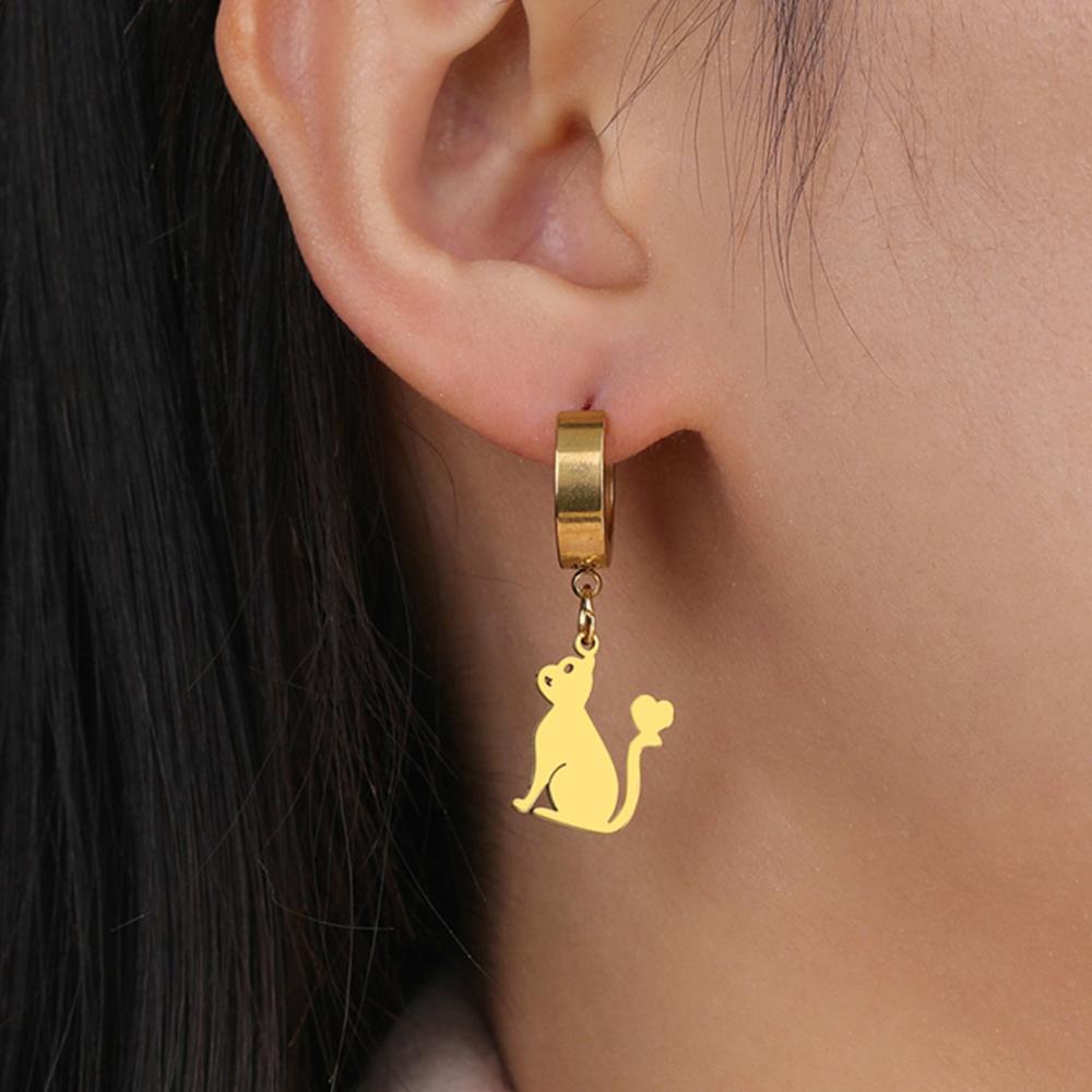 Cute Cat Kitten Heart Drop Earrings for Women Girls Stainless Steel Gold Color Hoop Earring Fashion Jewelry Gifts for Pet Lover
