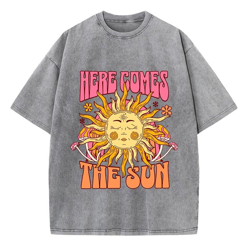 Dámské oversized prané bavlněné tričko s potiskem Here Comes The Sun Ležérní topy s kulatým výstřihem a krátkým rukávem Volné dámské oblečení