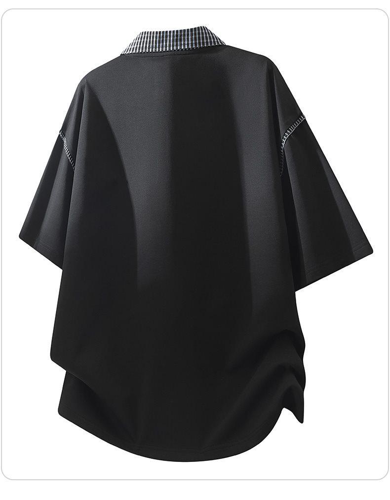 Men's Plaid Lapel T-Shirt, Fake Two-Piece, Breathable, Loose Fit, Spring/Summer, Five-Point Sleeve, Casual Top