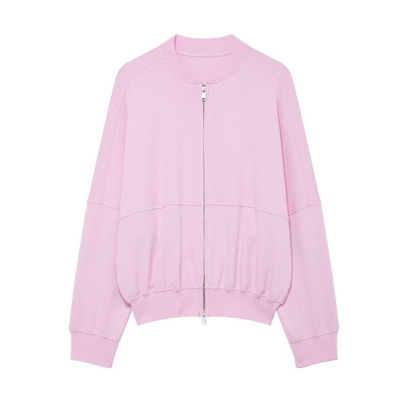 ZA 2026 Womens Casual Slim Fit Zip Up Jacket Solid Color Round Neck Long Sleeve Top
