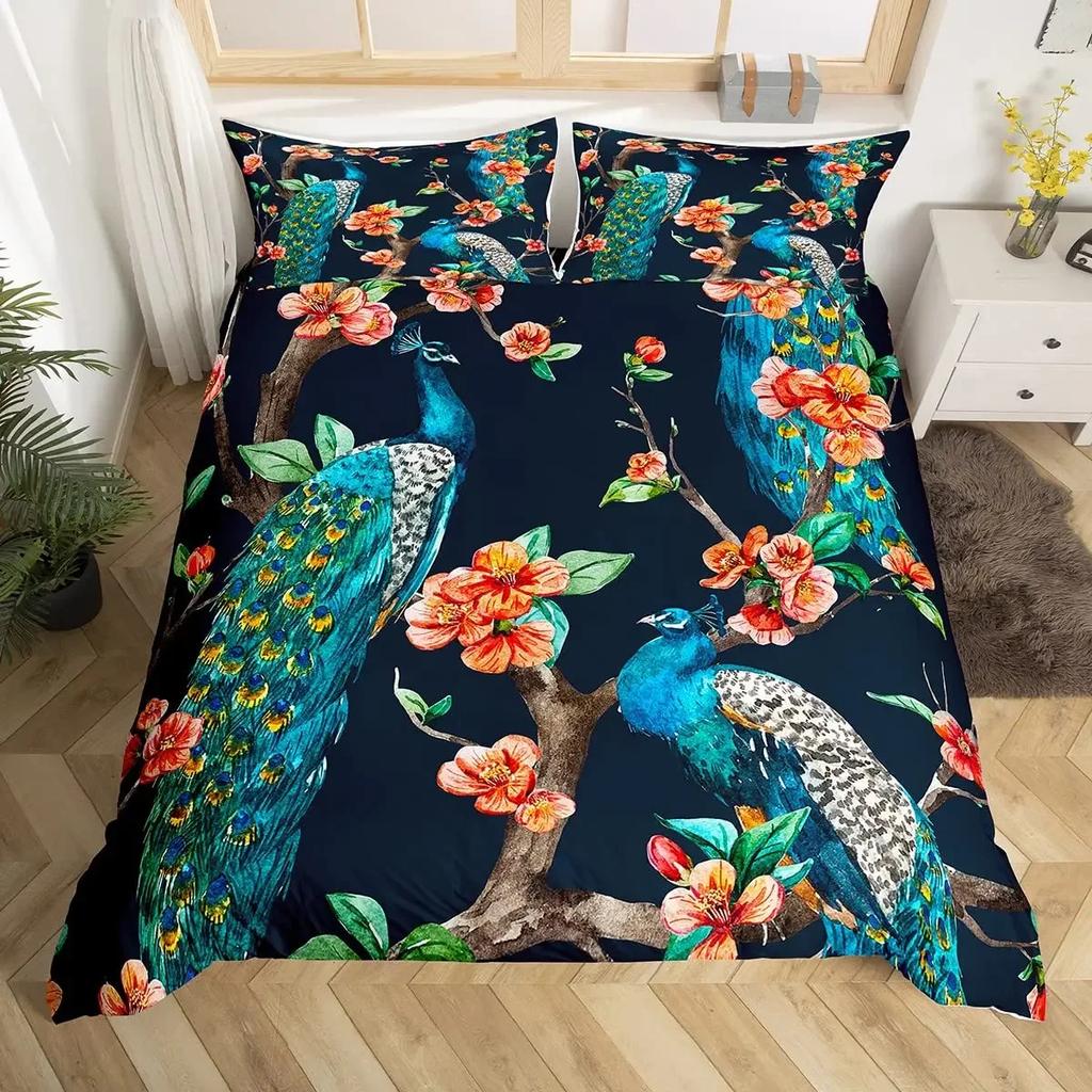 Peacock Comforter Cover Bohemian Duvet Cover Set Exotic Birds Animals Bedding Set Feather Floral Fresh Natural Bedspreads Cover