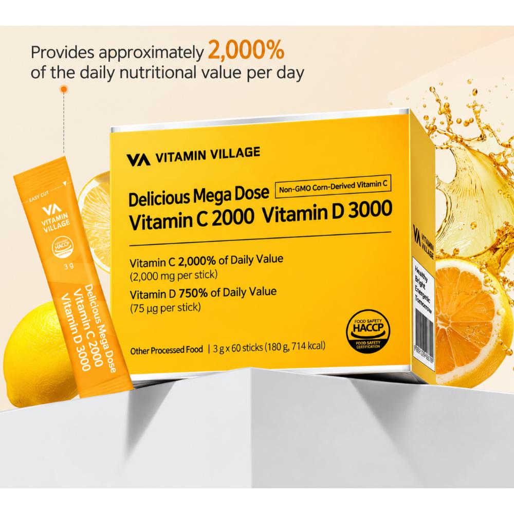 [vitamin village] Delicious Mega C High Dose Vitamin C 2000, Vitamin D 3000, 60 sachets