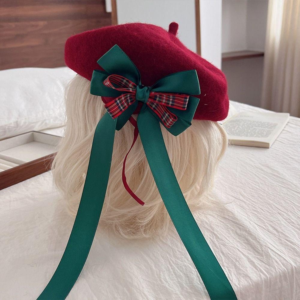 Fashion Lolita Hat Ribbon Bowknot Winter Beanie Cap Y2K Japanese Style Beret Teenage