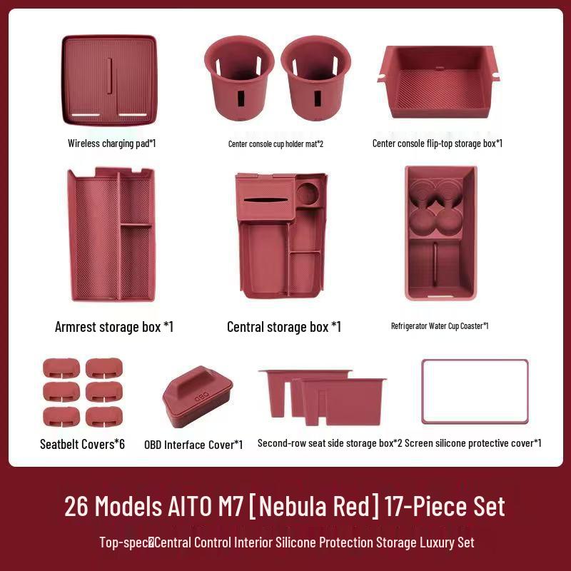 Compatible with 26 AITO M7 models, this silicone car interior set features wireless charging capabilities and decorative modifications.