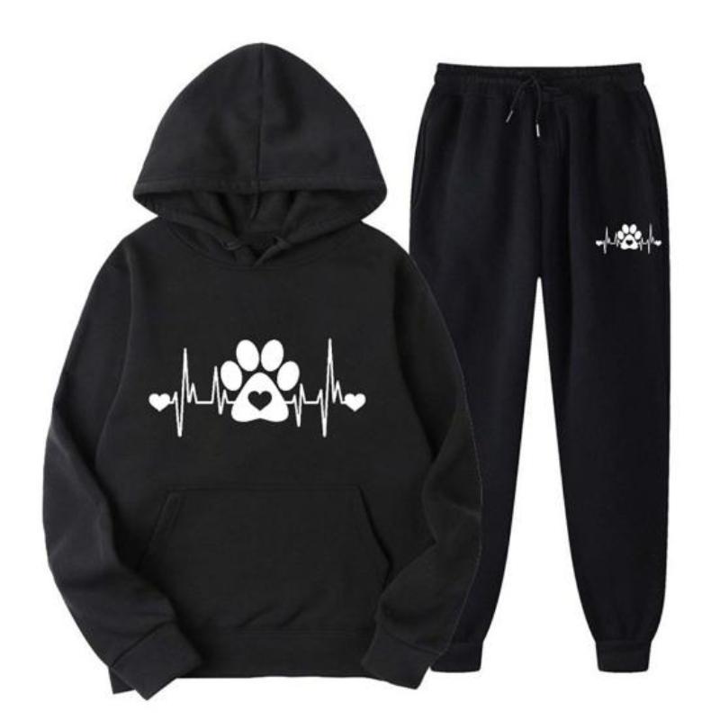 2 Pcs/Set Unisex Hoodie Pants Set Long Sleeve Printed Loose Drawstring Elastic Waist Ankle-banded Patch Pocket Pullover Sportswear Women Men