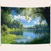 2D plane tranquil forest lake scenery background fabric green trees on the calm water surface polyester fiber