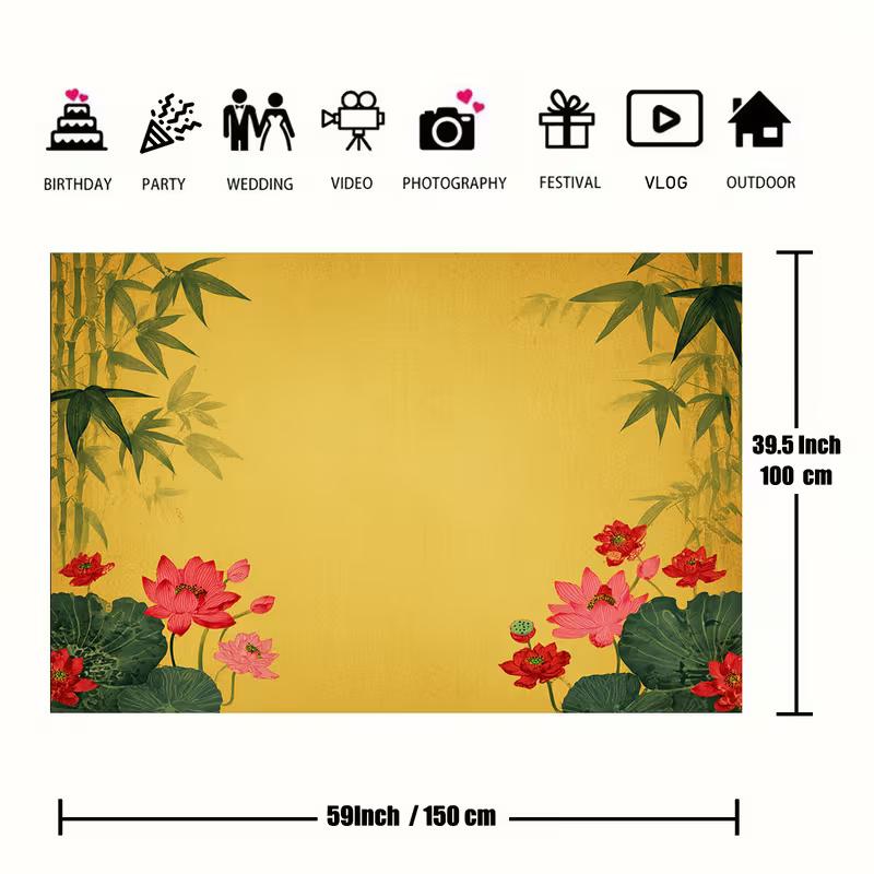 2D Yellow Lotus Bamboo Backdrop, Chinese Floral Background for Home & Event Decor