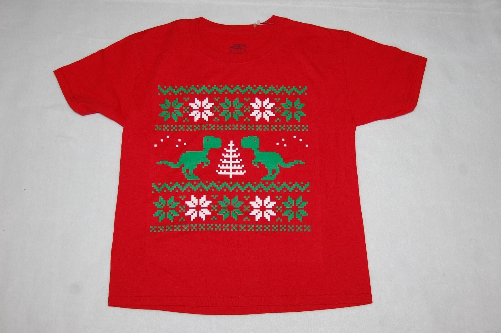 

Boys S/S Red T-Shirt CHRISTMAS TREE Poinsettia T-REX DINOSAUR 140