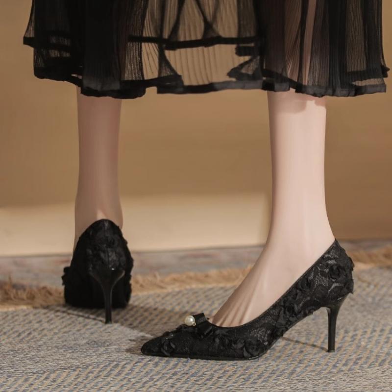 Fashion Flowers Bow Women Lace Mesh Pointy Toe High Heels Elegant Ladies Designer Stiletto Pumps Summer Dress Shoes Black Pink