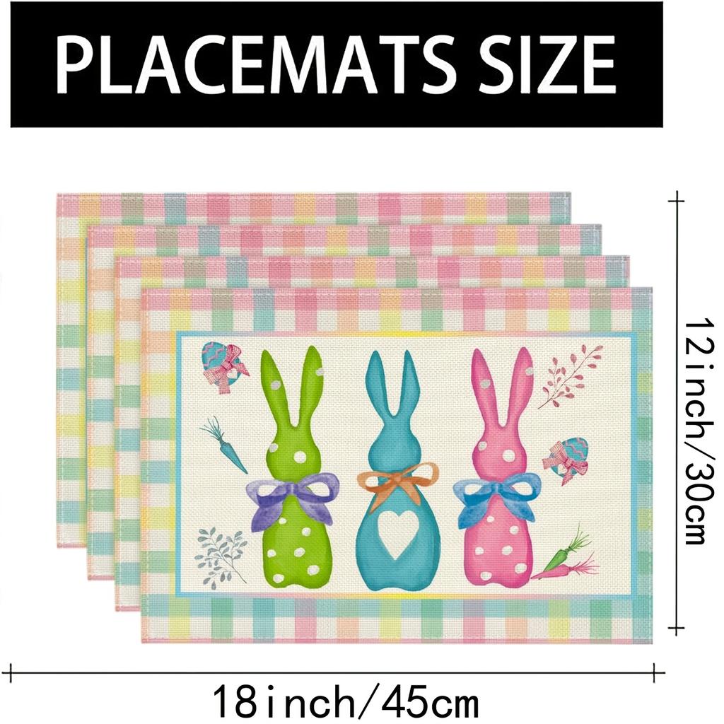 4pcs Buffalo Check Easter Placemats, Featuring Rabbits, Daisies, and Carrots, Perfect for Party, Kitchen, and Dining Room Decor