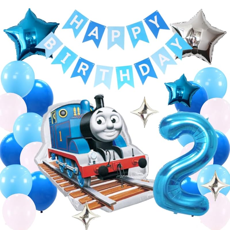 BALLOON DAYS Birthday Decoration Set, featuring Thomas the Tank Engine, Percy, and James balloons, and a garland. Cute blue numbers and numbers for