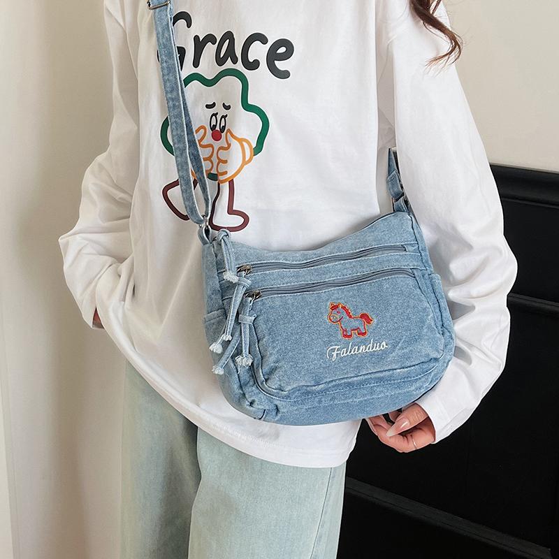 Cute Horse Embroidered Denim Crossbody Bag Multi Pocket Casual Shoulder Bag for Women