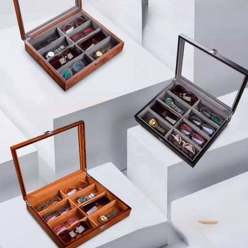 Walnut Wooden Glasses Case, Large Capacity Sunglasses & Watch Storage Box with Display Window for Travel and Home