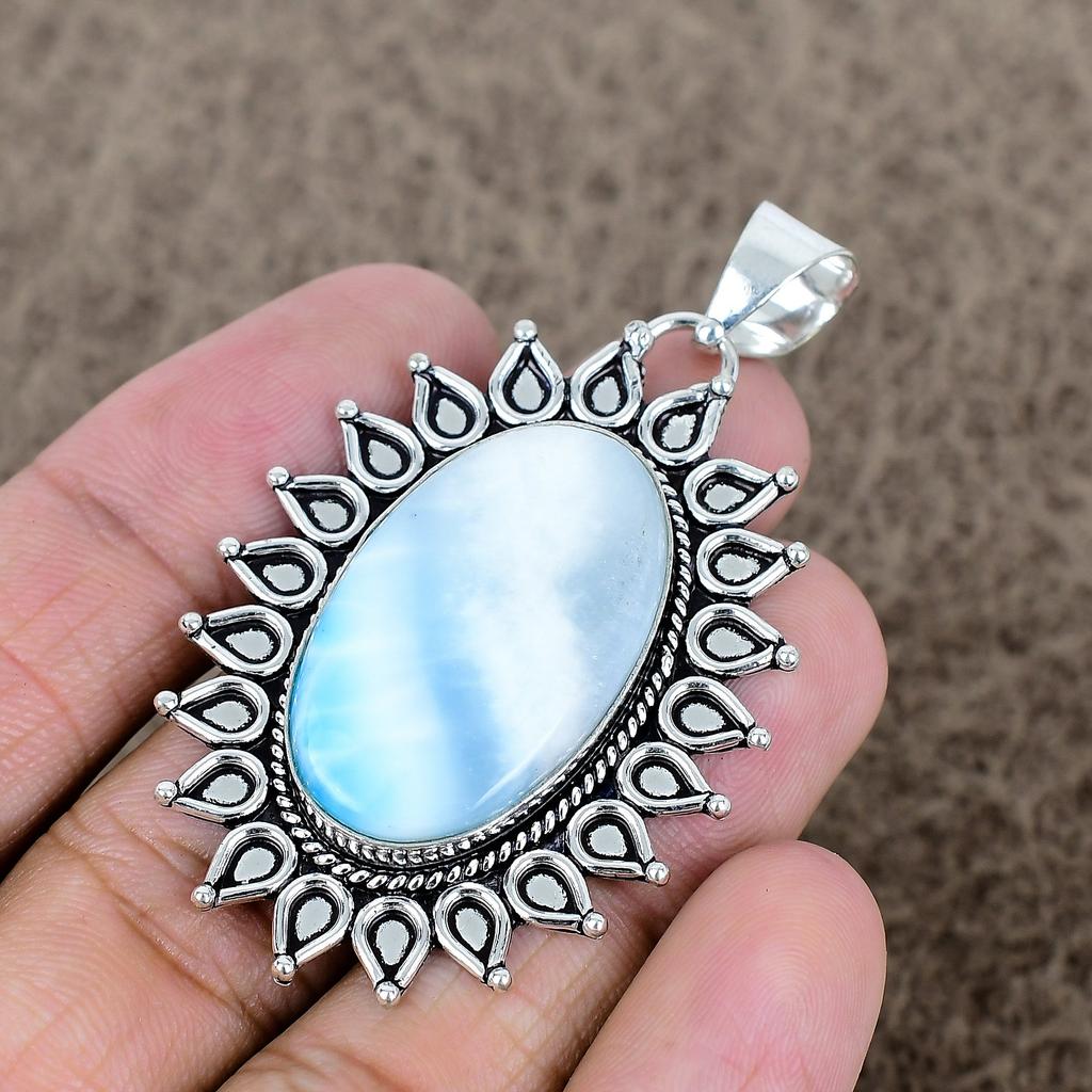 Republic Larimar Gemstone 925 Sterling Silver Jewelry Pendant 2.44" KKG-728