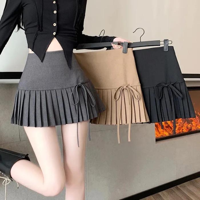 Women's College Style Black Lace-Up Pleated A-Line Skirt - High-Waisted, Slim Fit, Petite, Spring/Summer 2025