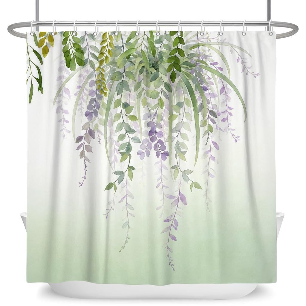 Watercolor Floral Shower Curtain Leaves Flowers Waterproof Bath Curtain For Bathroom Decor Polyester Fabric With Hooks Included