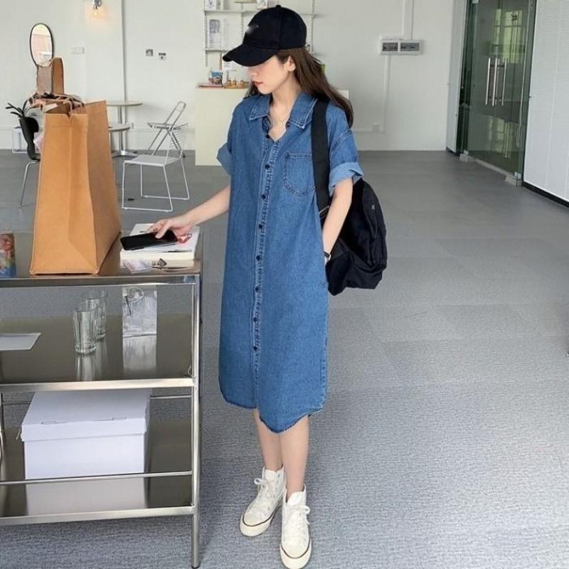 Women's Blue Denim Dress Single Breasted Lapel Shirt Skirt Korean Fashion Commuting Style Long Skirts