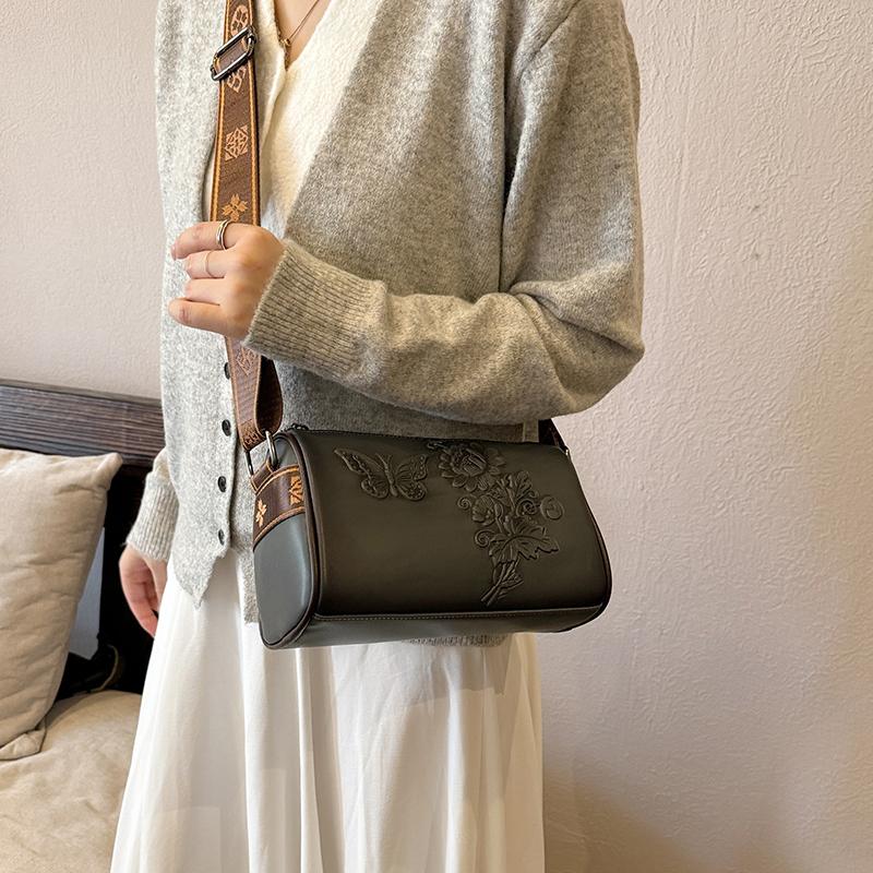 Vintage PU Leather Women Cylinder Crossbody Bag Butterfly Floral Embossed Shoulder Bag Wide Strap Retro Ladies Small Handbag for Daily Shopping