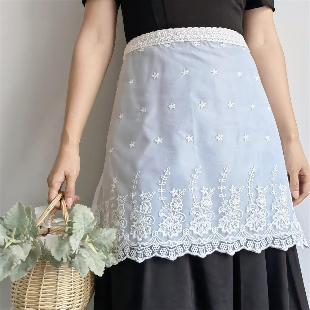 Embroidered Waterproof Half Apron for Home Kitchen Restaurant Korean Style White Lace Waist Apron