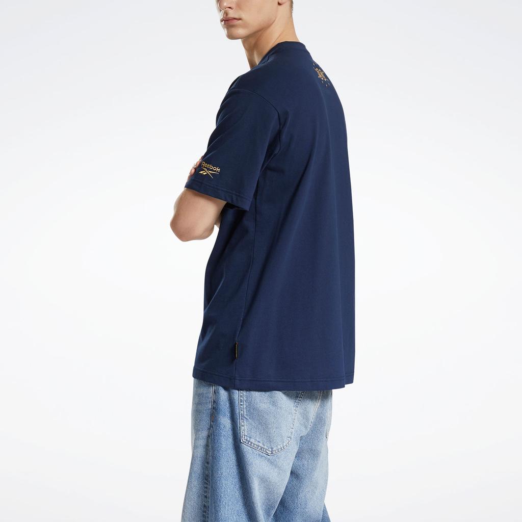 Reebok Crane Pattern Printed Casual Round Neck Short Sleeve T-Shirt Unisex Tops Navy-Blue GV0232