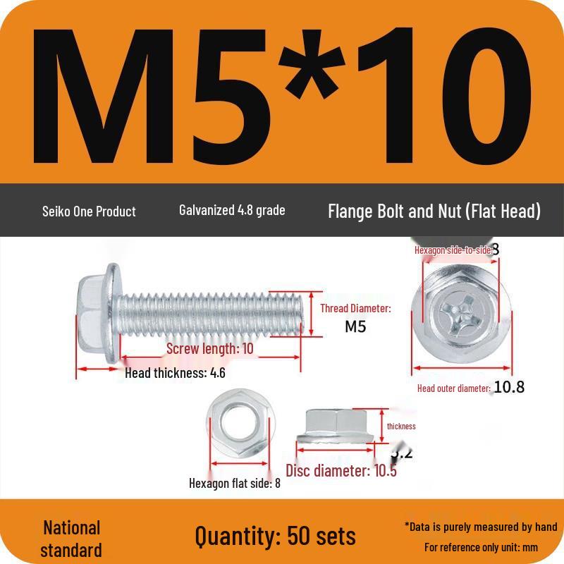Galvanized Hex Head Bolt & Nut Sets with Washers - Anti-slip (M4/M5/M6/M8, 4.8 Grade)