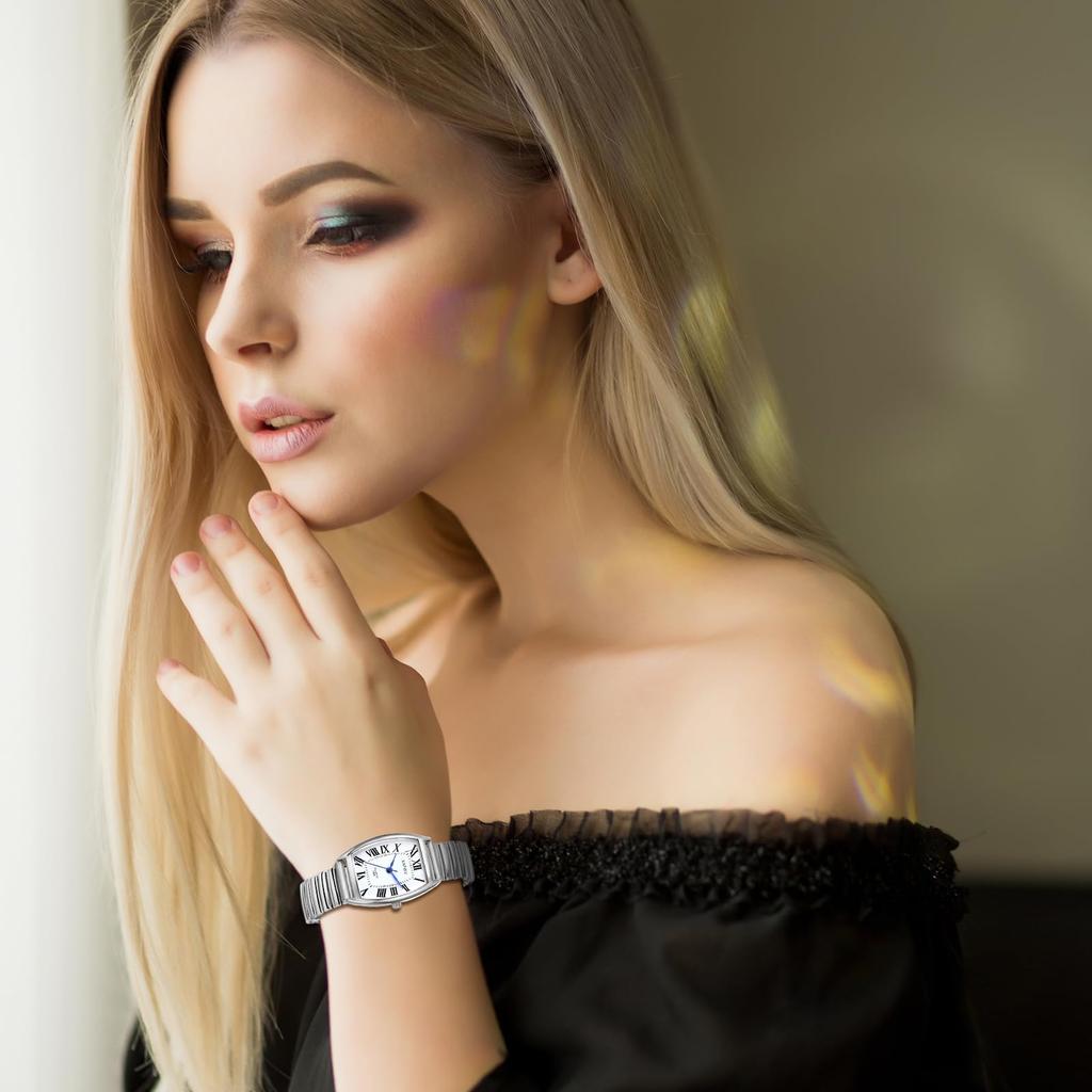 Edelstahl Römisches Alphabet Analoganzeige Quadratisches Design Wasserdicht Einfache Quarzuhr Verstellbare Länge Modeuhr Silber Perfektes Geschenk für Ihn