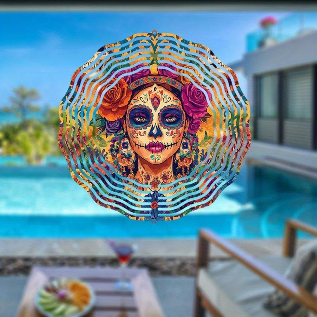 2D Mandala Wind Chime with Colorful Day of the Dead Skull Design Metal Outdoor Garden Decor for Patio Balcony Thanksgiving Christmas Gift