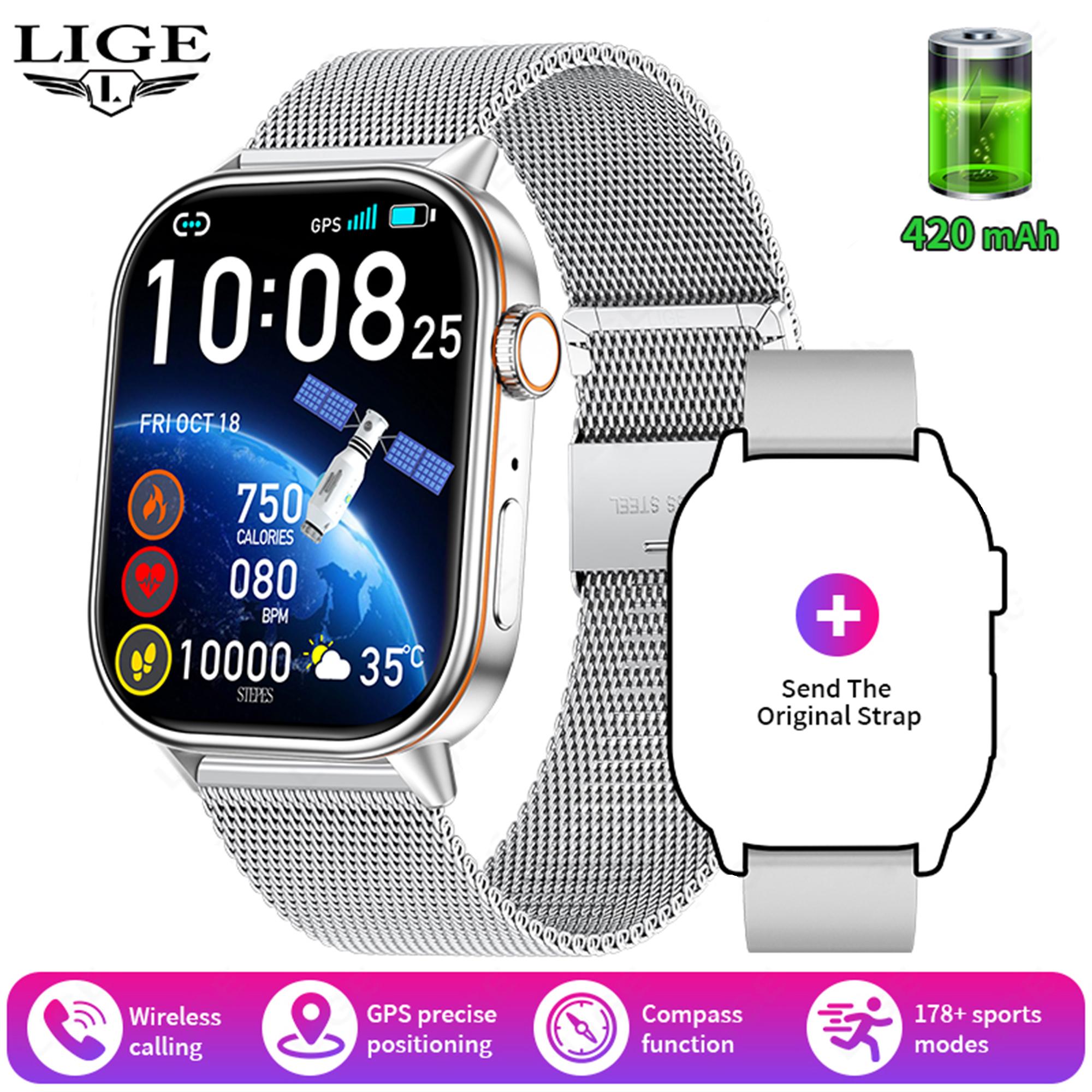 

LIGE 2025 Новые мужские умные часы Bluetooth Call Health Monitor Compass Outdoor Smartwatch mesh belt серебряный