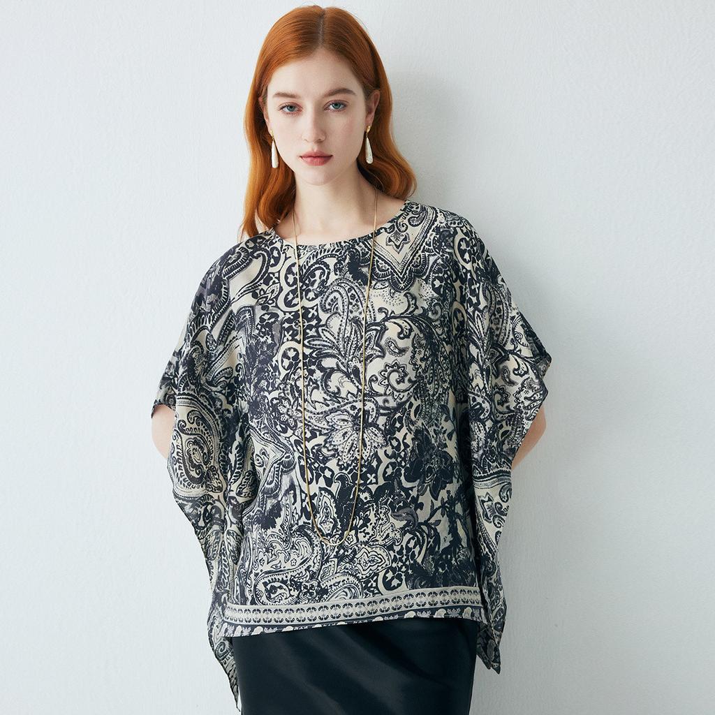 100% Mulberry Silk] Spring and Summer New Round Neck High Ethnic Style Printed Short Sleeve Loose Silk T-shirt for Women