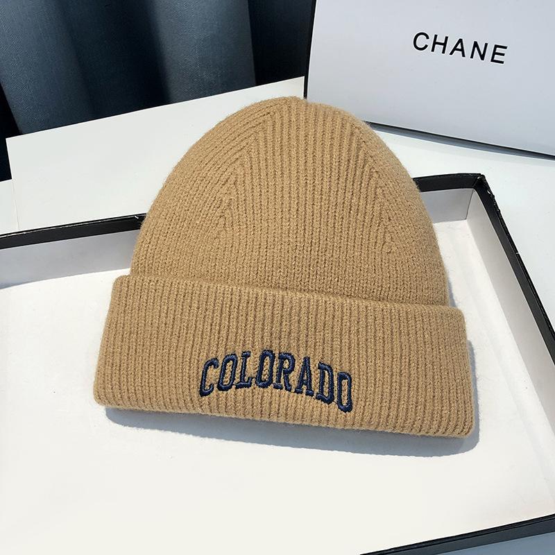 Knitted Hat Women's Autumn and Winter Letter Embroidery Wool Hat Warm Versatile Pullover Ear Protector Cold Hat Men's Trend