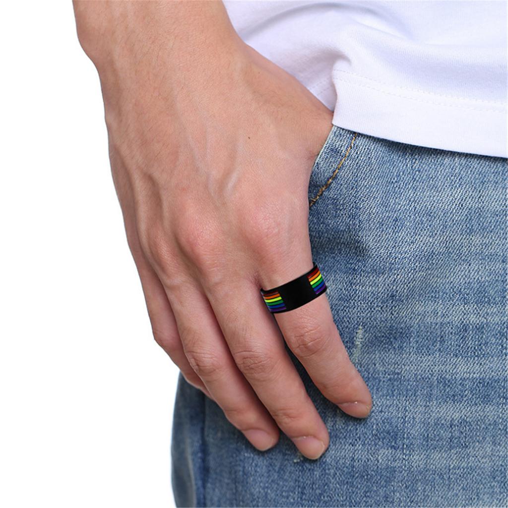 Fashion Men Stainless Steel Black Rainbow Color Ring Band Pride Gay Rings Finger Jewelry Gift
