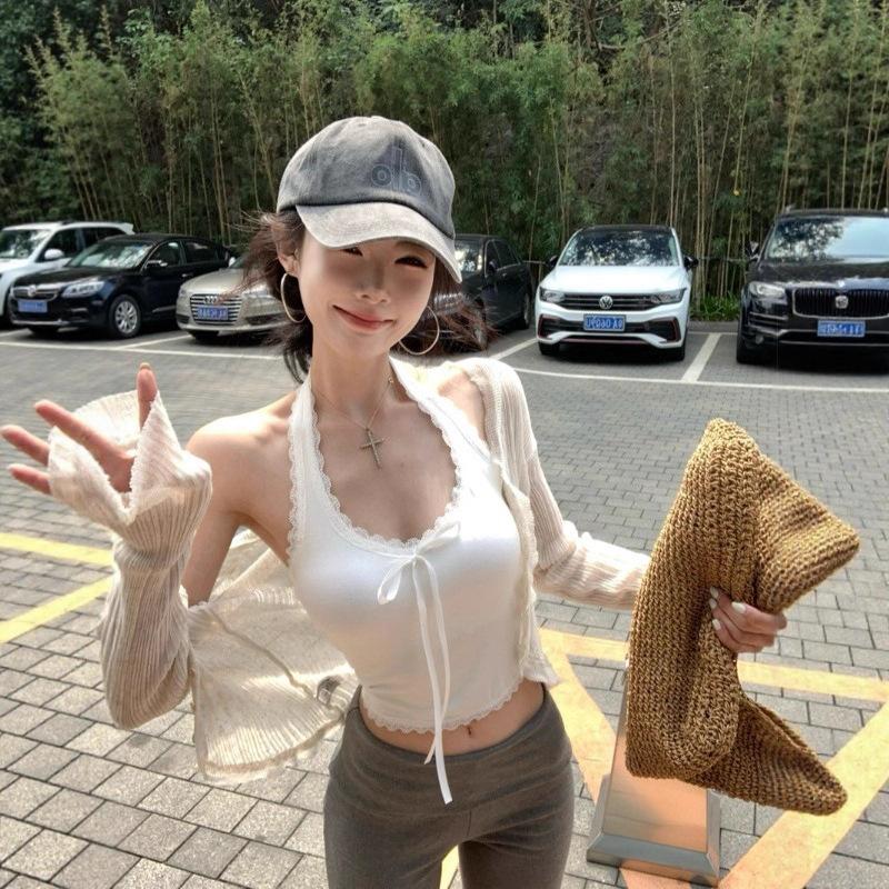 White Lace Lace Neck Sling Vest Women with Chest Pad Spring and Summer New Pure Desire Wind Backless Design Sense Niche