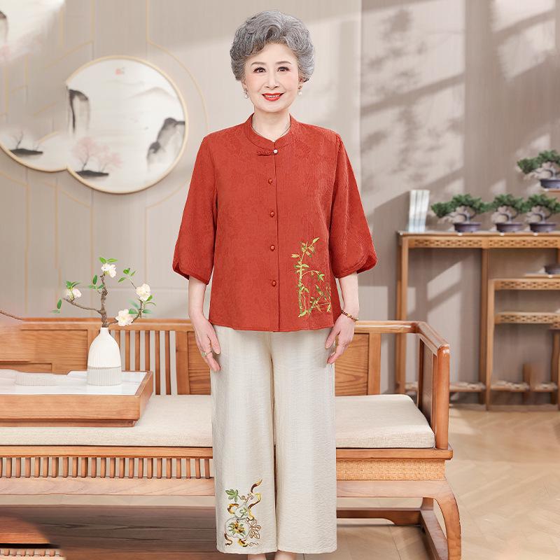Women's Summer Cotton-Linen Set: 3/4 Sleeve Top & Two-Piece Outfit for Middle-Aged & Elderly