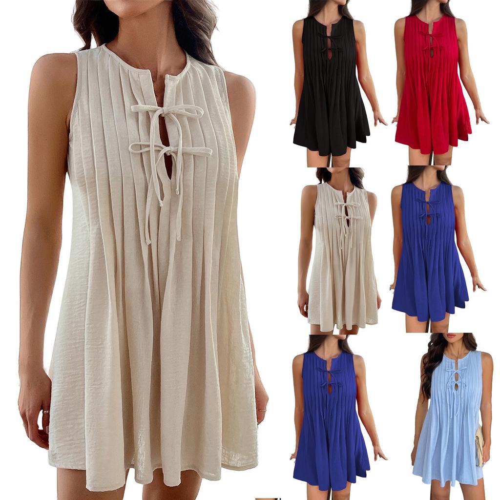 Women's Casual Loose Solid Color Pleated Sleeveless Jumpsuit Dress Pleated Sleeveless Jumpsuit Dress