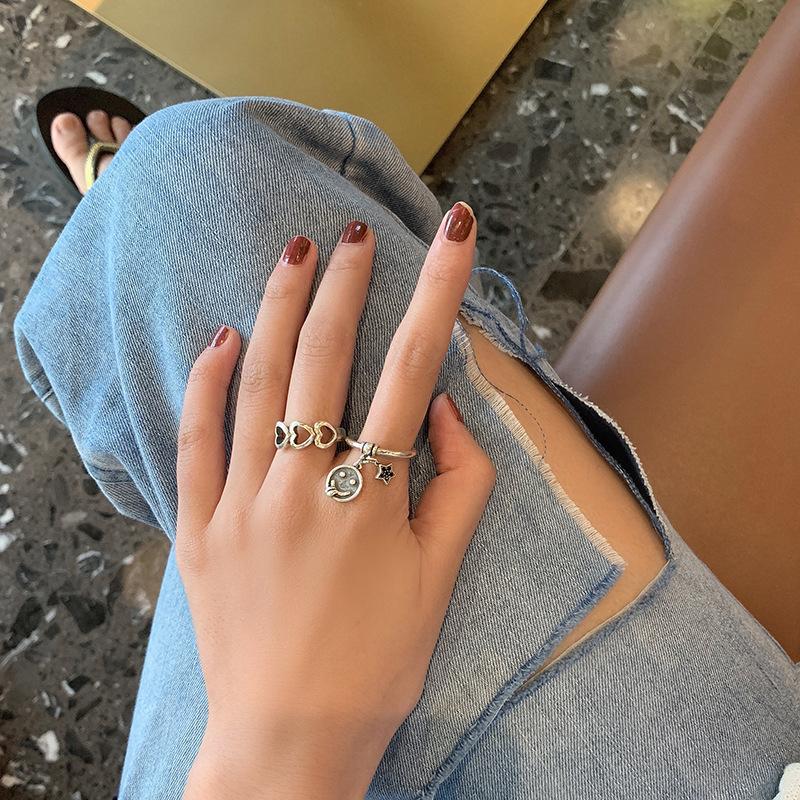 925 Pure Fashionable Silver Hip Hop Style Smiling Face Star And Heart Ring For Stylish Occasions