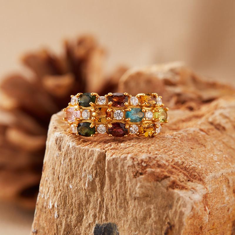 S925 Sterling Silver Natural Gemstone Tourmaline Ring Women'S Multicolor Treasure Ring Index Finger Ring