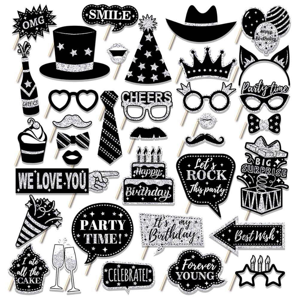 

36pcs Black Gold Birthday Photography Props Paper Dress Up Costume Mask Party Favors серебряный