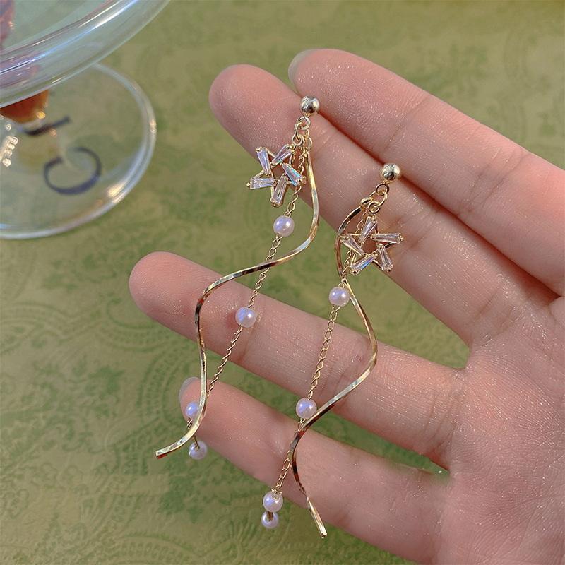 Exquisite Crystal Star Wave Dangle Earrings for Women Long Tassel Imitation Pearl Ear Line Earring Party Wedding Fashion Jewelry