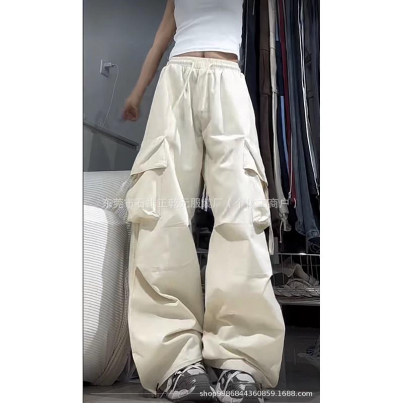 Womens Casual Straight Leg Pants Washed Cotton Loose Fit Streetwear Trousers