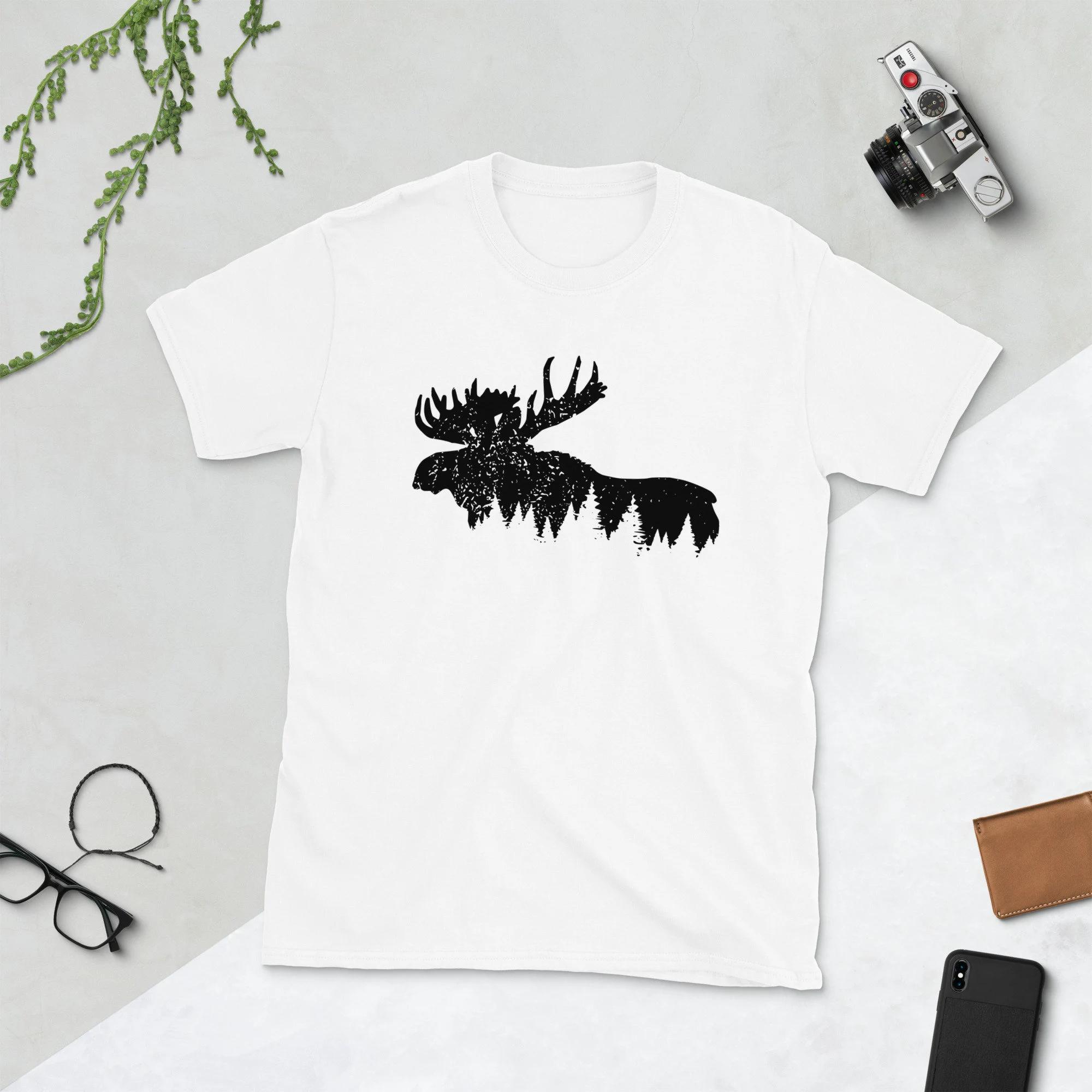 

Best Selling Fashion Summer Moose and Forest Graphic, Unisex T-Shirt, Wilderness Tee, Outdoor Tee, Moose Shirt, Rustic Men Tee S