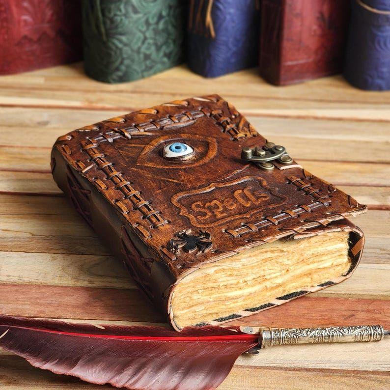 Leather Spellbook Book Of Shadows, Best Halloween Theme Gift, 200 Writing Pages,  Notebook with Evil Eye, Gothic Horror Grimoire,