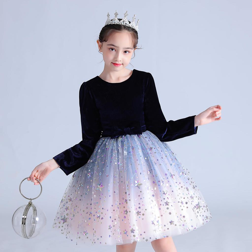 Weileenice Navy Recital Size Long Winter Formal Party Gradient Sequins Girls' Dress, 130, Sleeves, Clothes, Children's Dress, Velour, Pink, Kids,