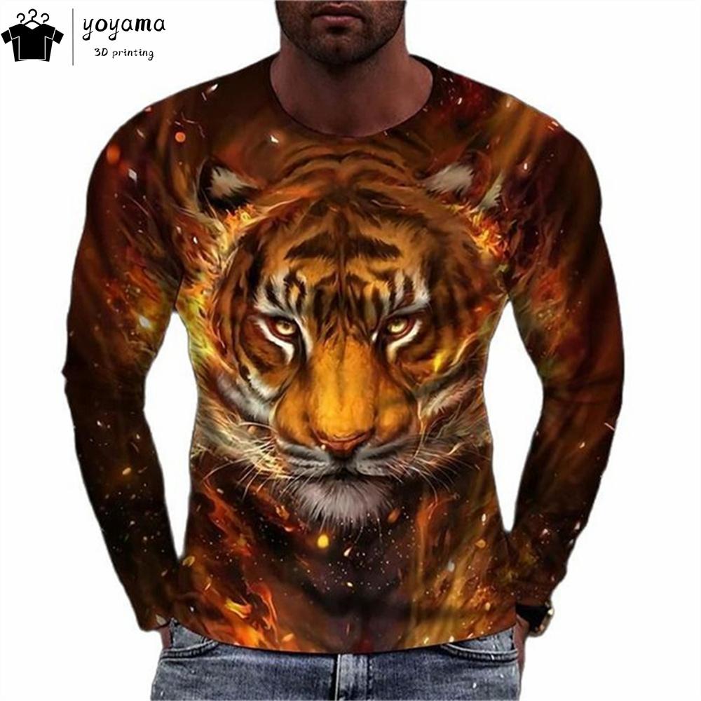 Tiger Print Men's Clothing Casual Loose Men's Shirts 3D Print Tiger Graphic T Shirts Breathable Men's Long Sleeve T-shirt Tops
