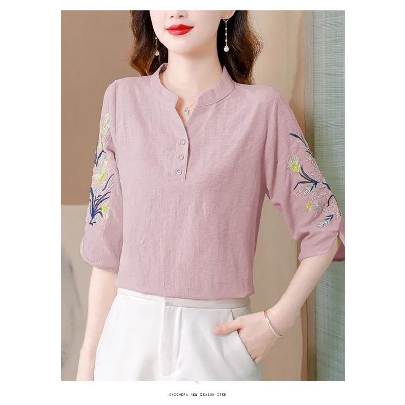 Women Summer Stand Collar Half Button Floral Embroidery Half Sleeve Casual Linen Blend Blouse