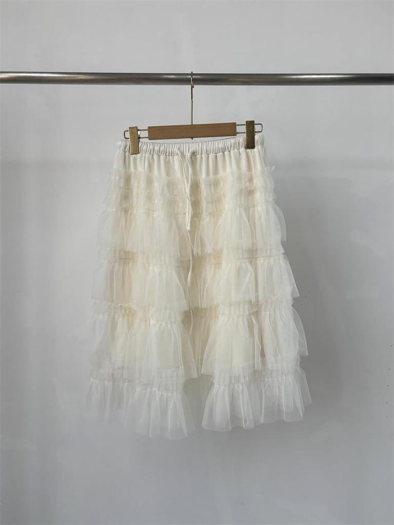 2026 Women's Grey Layered Mesh Cake Skirt with Elastic Waist - Korean Style