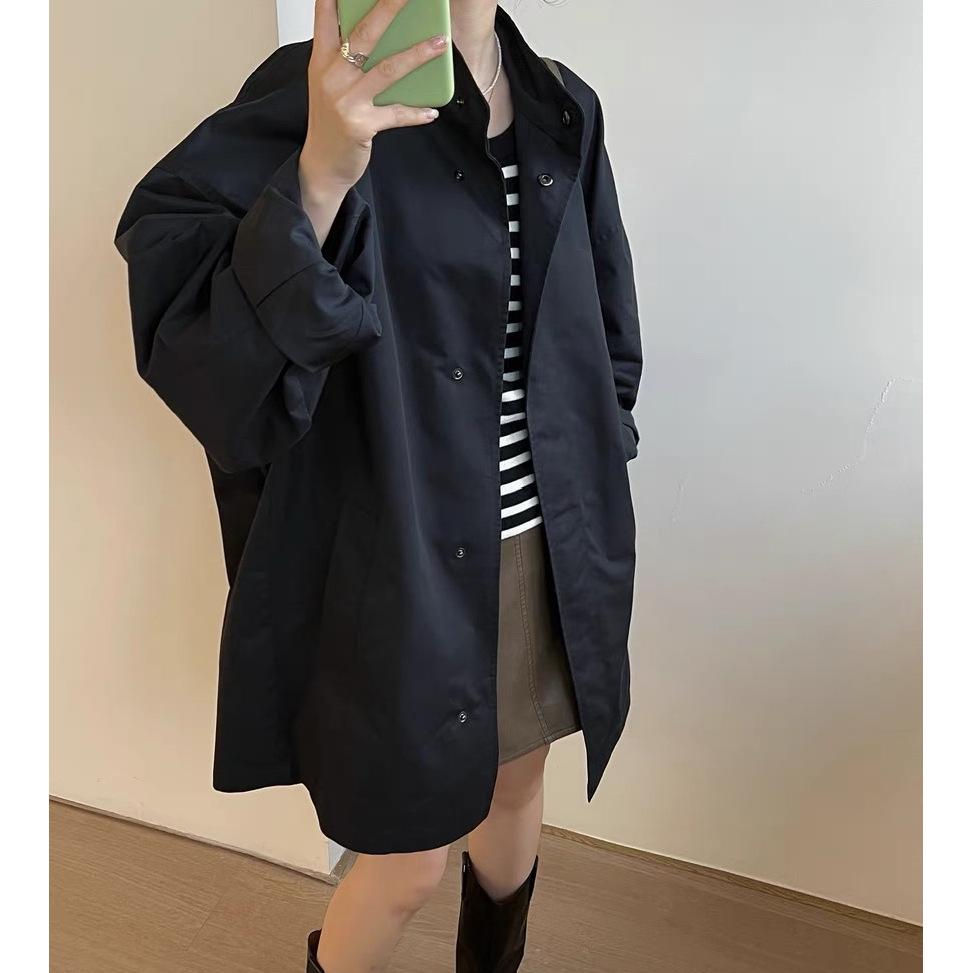 Korean Chic Retro Spring Stand Collar Long Sleeve Mid-Length Trench Coat for Women