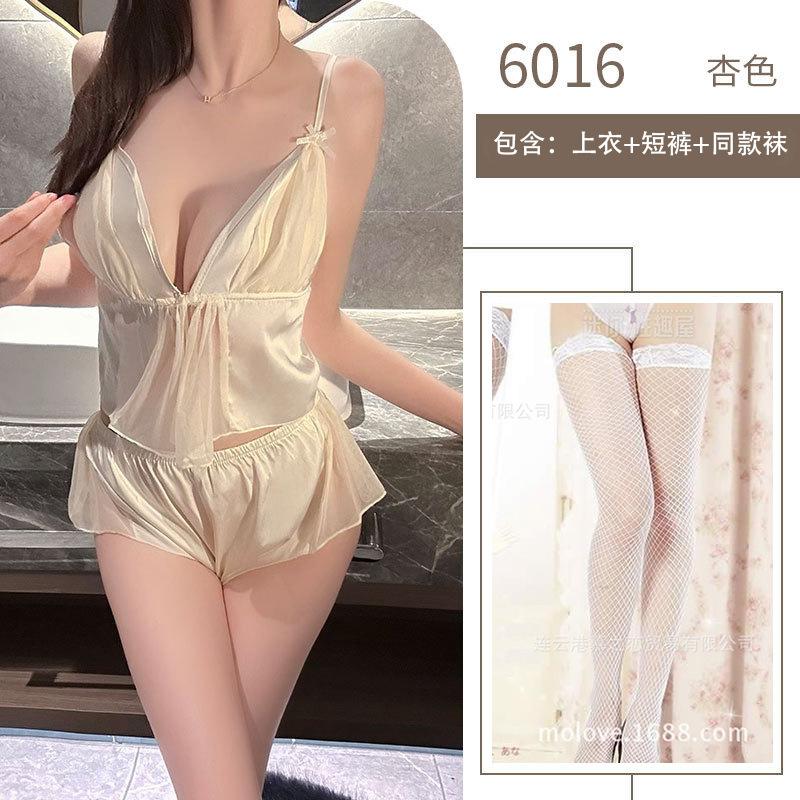 Sex Sexy Underwear Women's Summer Ice Silk Thin Sex Fun Front Open Lace Perspective Set