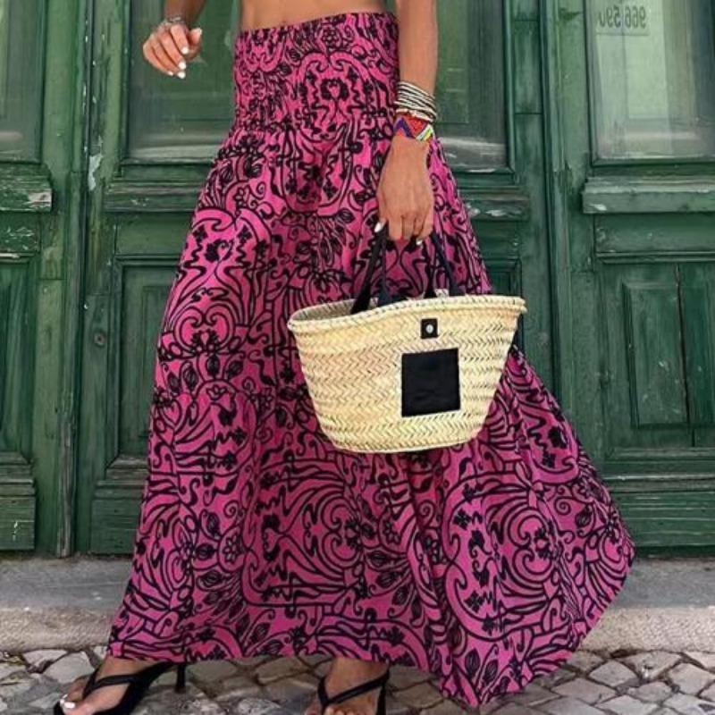 Fashion New Vintage Floral Print Skirt Women High Waist Elegant A Line Casual Skirts Female Summer Beach Loose Lady Long Shirt Women Clothing 24351