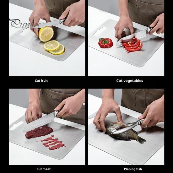 Tagliere in acciaio inossidabile Tagliere bifacciale per cucina Manico facile da impugnare Grande tagliere versatile per la preparazione di alimenti per carne, verdure, frutta